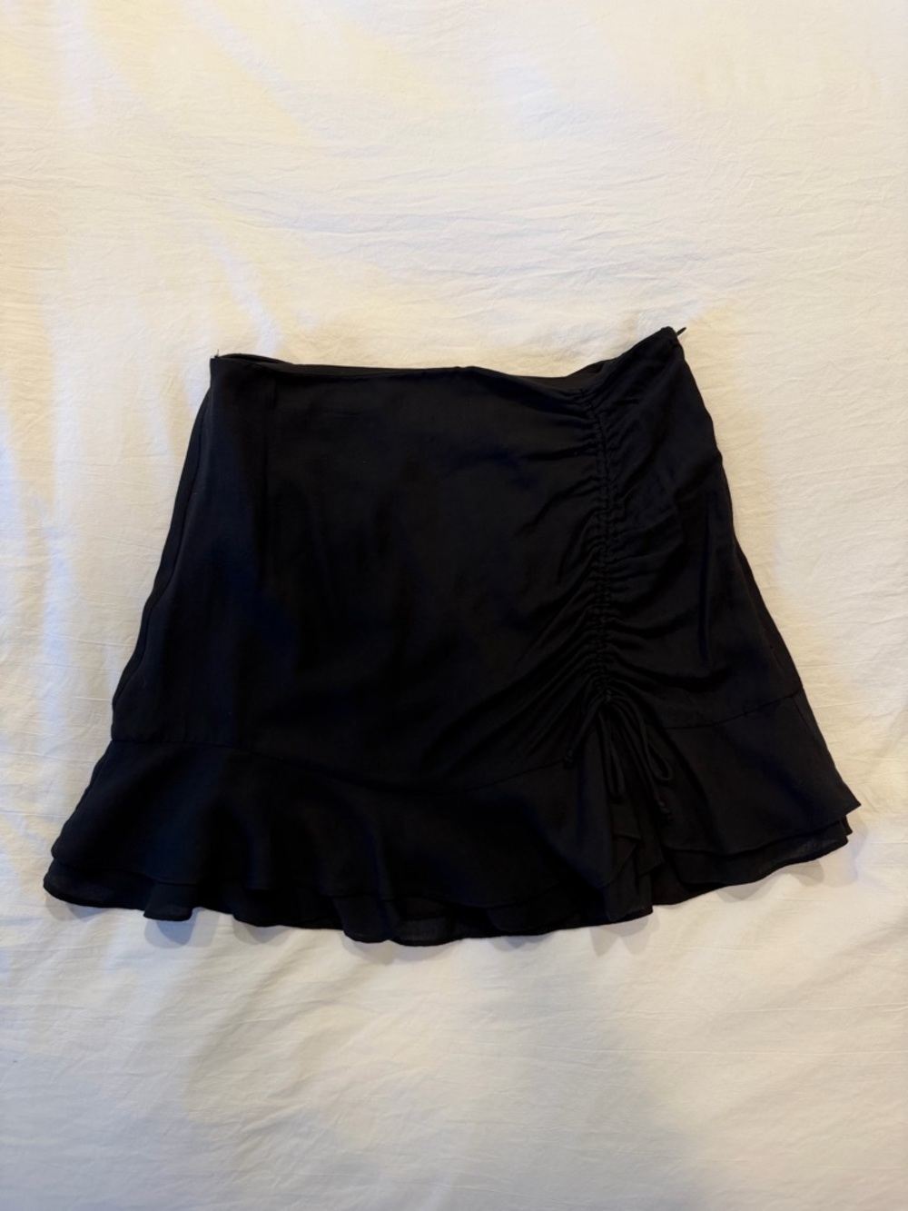 Cotton Candy Black Mini Skirt with Ruffle Hem and Side Drawstring